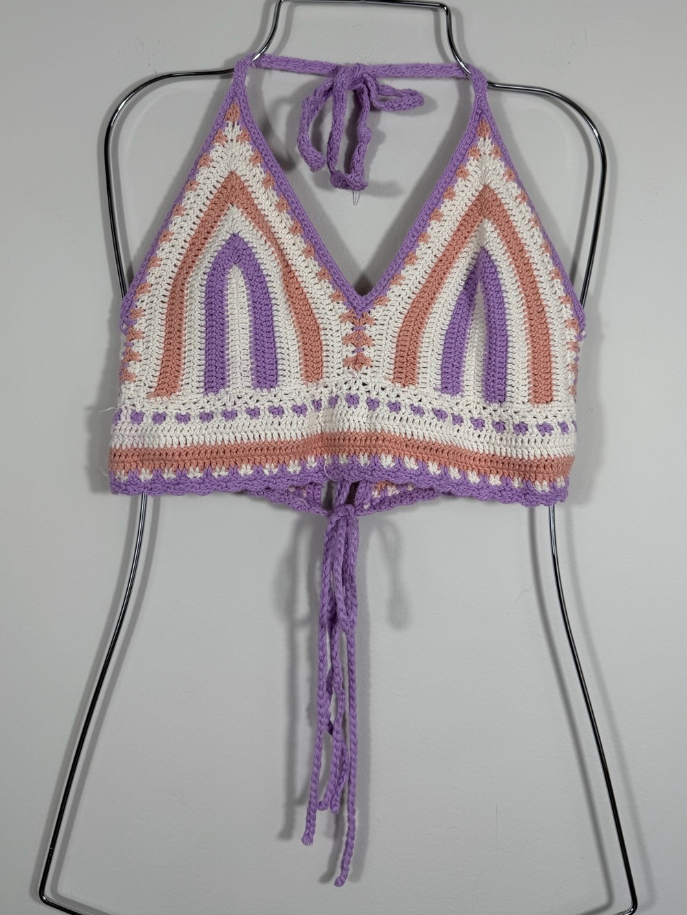 ANWND Crochet Halter Crop Top Purple Peach Cream Boho Festival Size M